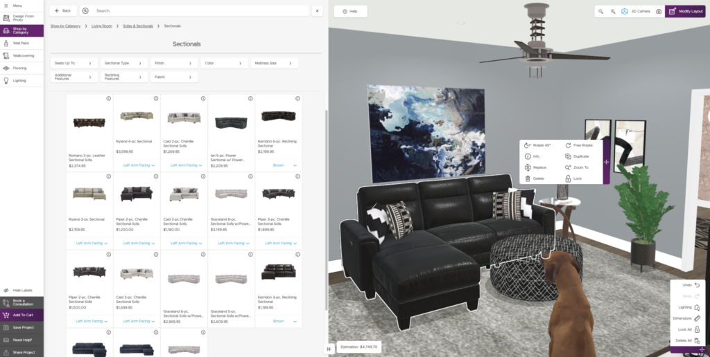 Example of Raymour & Flanigan’s 3D room planner