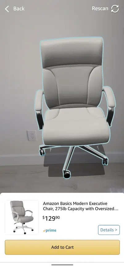 Amazon’s “Explore in Room,” enabled by AR technology, allows users to point their cameras in their home and visualize how 3D models of furniture and other items might look in their space.