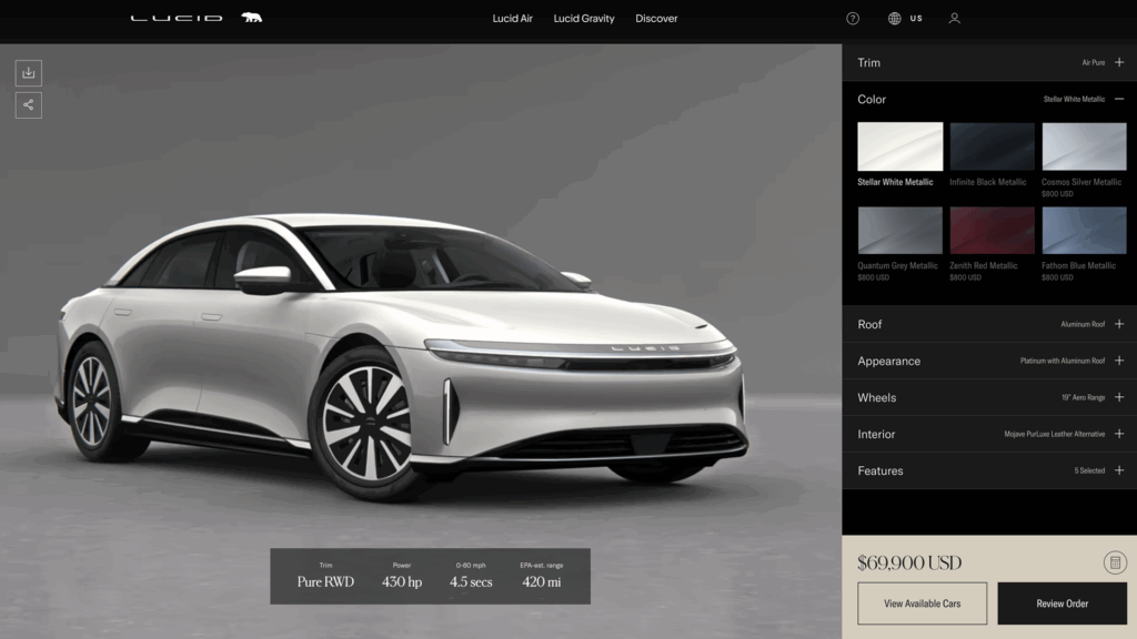 Lucid Motors visual product configurator