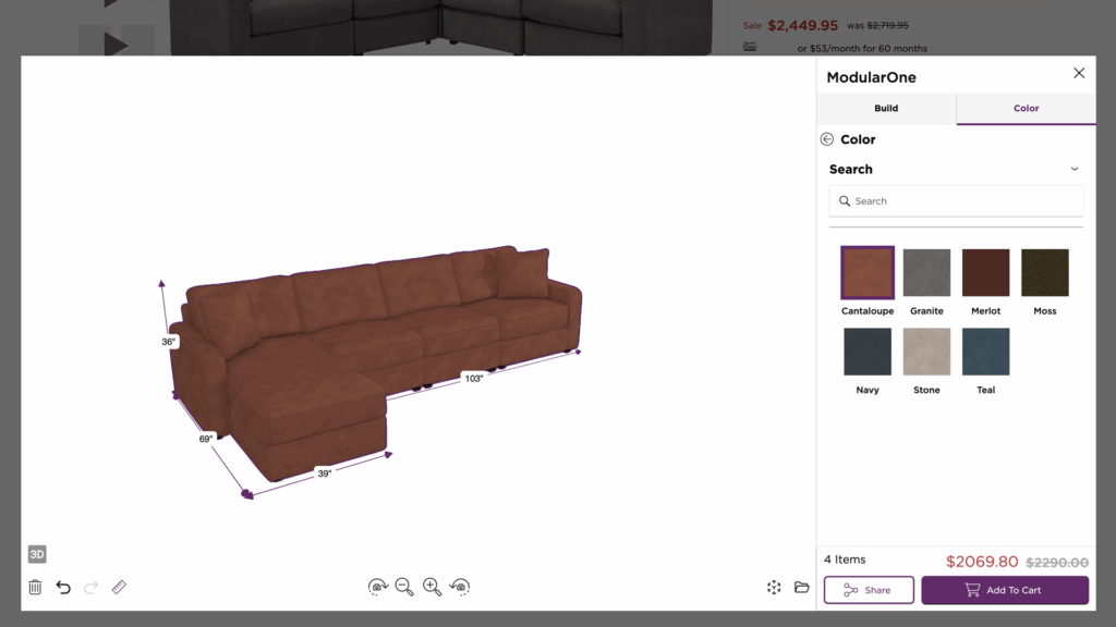 Raymour & Flanigan’s 3D sectional sofa configurator