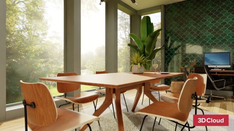 3D Dining Space Rendering with Lighting and Scenery 3D Dining Space Rendering with Lighting and Scenery