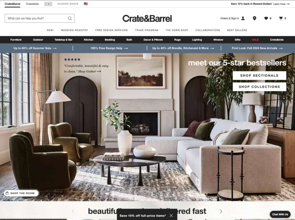 Crate and Barrel home page