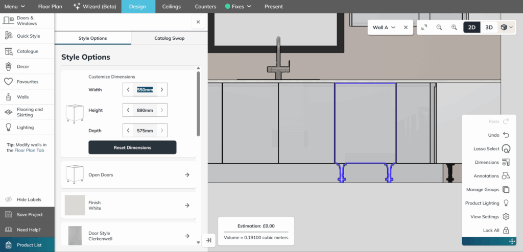 3D Cloud Kitchen Design custom cabinet dimension editing