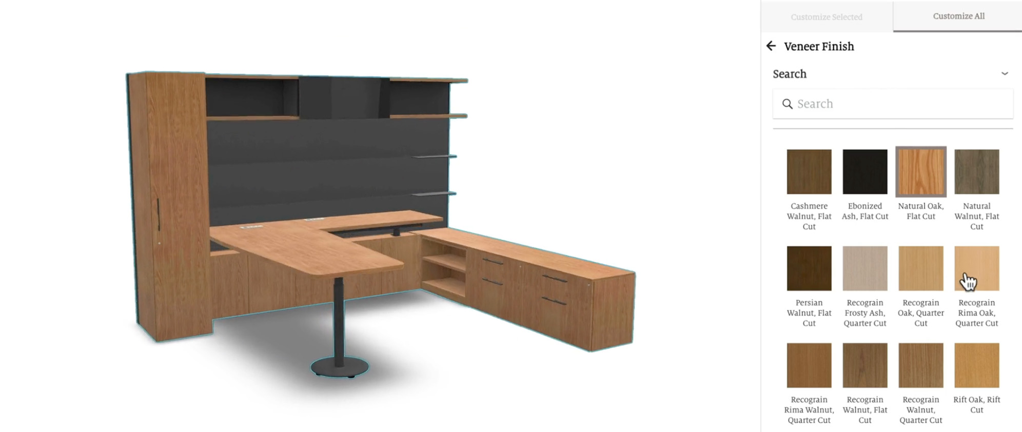 3D office furniture configuration showing desks and modular workstations.