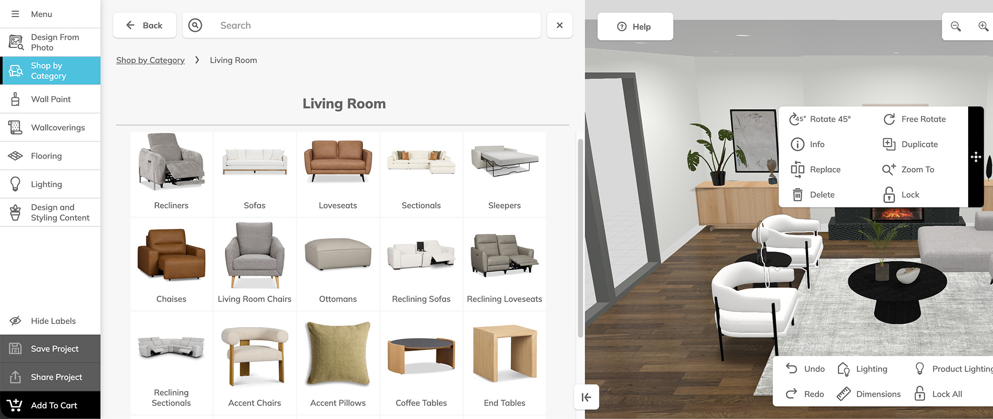 Interactive 3D visualization of living room furniture showcasing configurable sofa and chair options.
