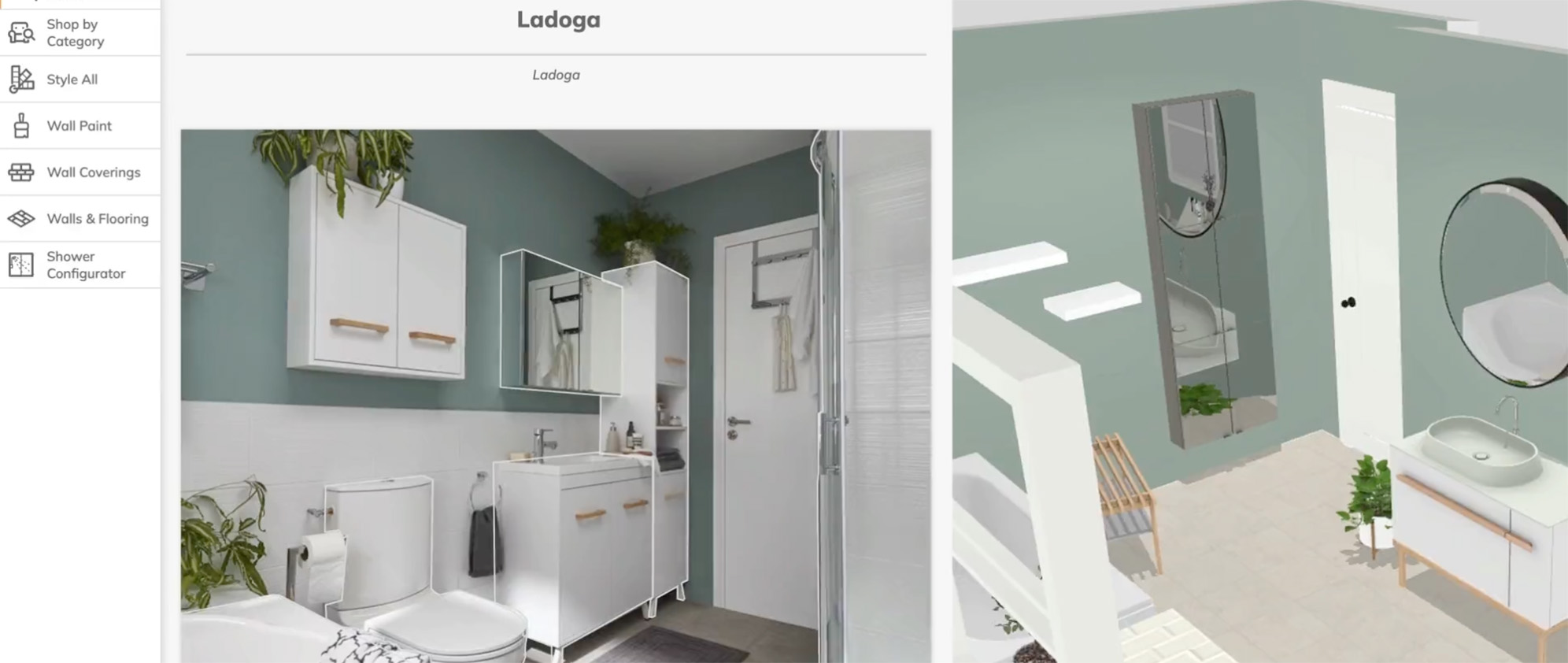 3D bathroom design scene with configurable fixtures and finishes.