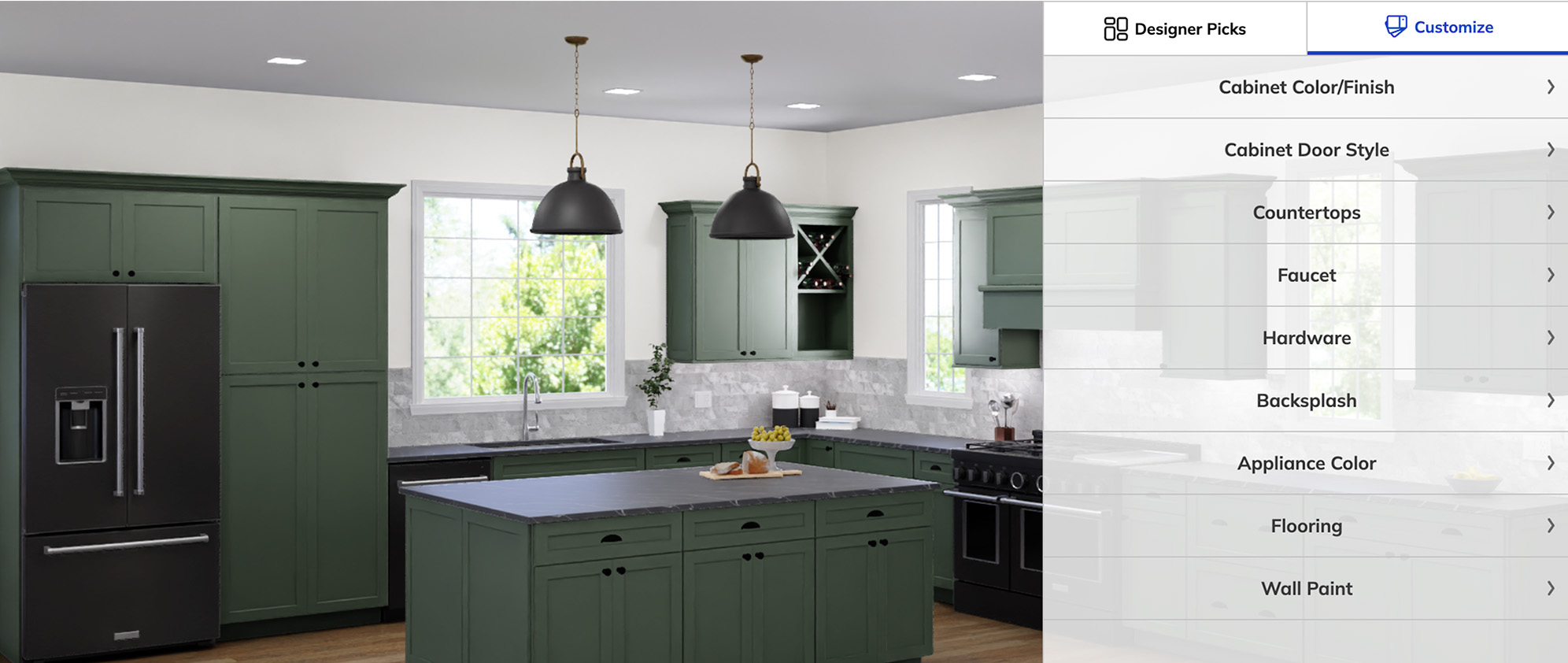 3D rendering of a modern kitchen layout with customizable cabinets and countertops.