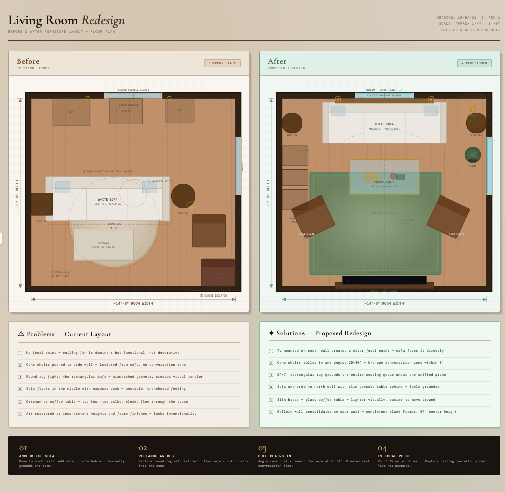 Claude living room floor plan before and after