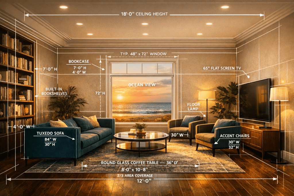 CoPilot living room rendering with dimensions