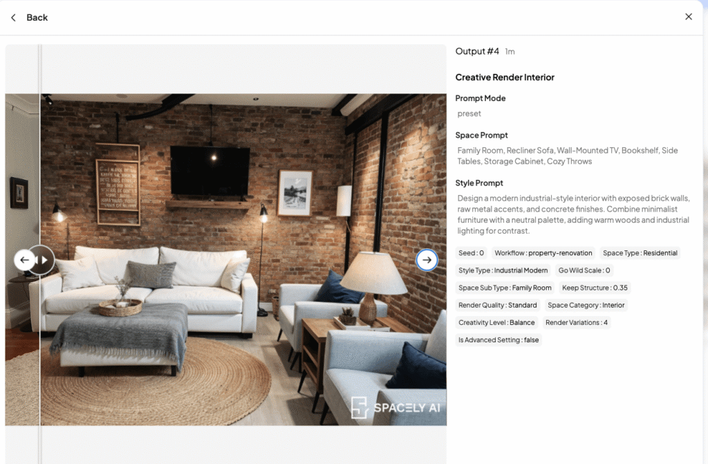 Spacely living room planner AI rendering