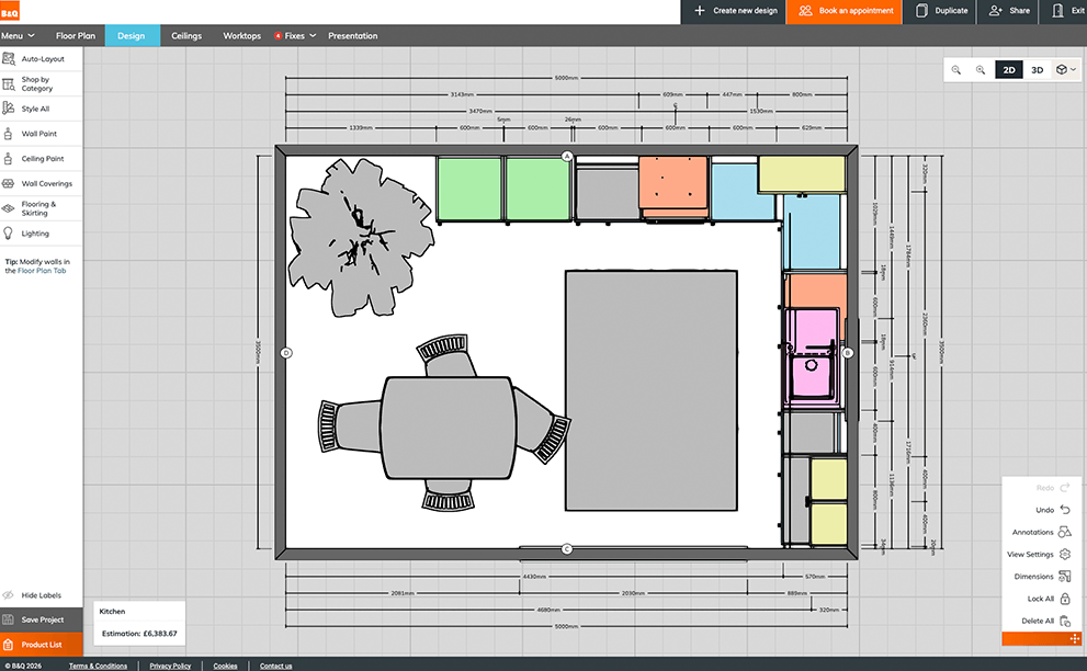 Top-down 2D kitchen layout in the 3D Cloud Kitchen Planner showing color-coded cabinets and dimension lines