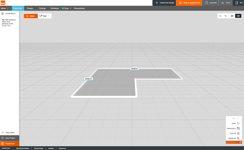 L-shaped room layout drawn in 3D perspective in the 3D Cloud Kitchen Planner floor plan view, showing walls and flooring before product placement