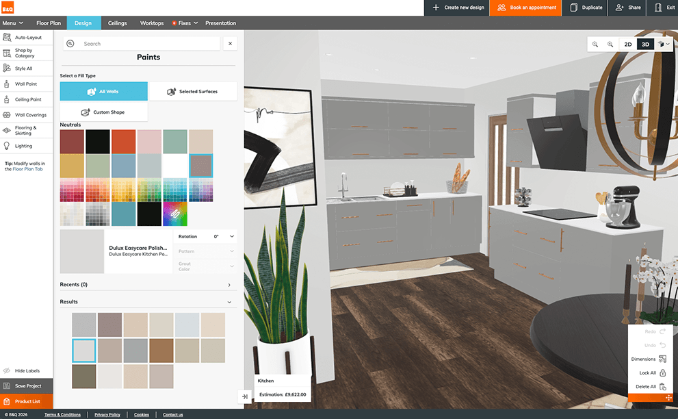 3D Cloud Kitchen Planner interface with the Paints panel open, showing wall color options alongside a styled 3D kitchen with gray cabinets