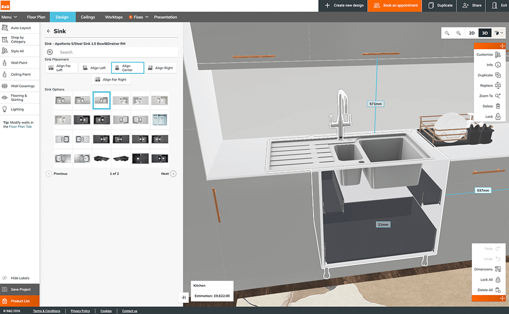 Interior accessory options displayed for a selected cabinet in the 3D Cloud Kitchen Planner styling panel
