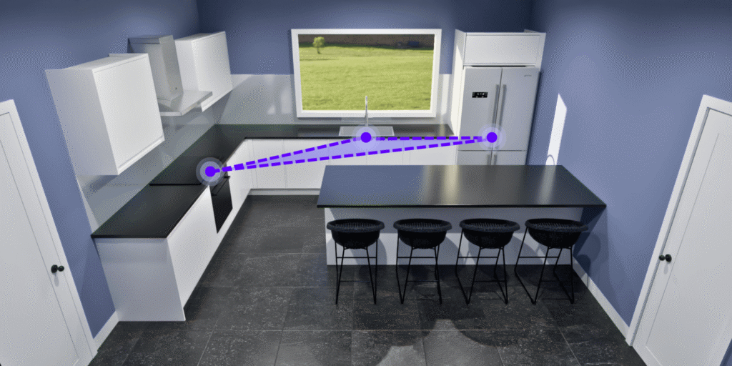 Family kitchen with the fridge positioned at the edge of the work triangle and an island used for casual seating and snack access.