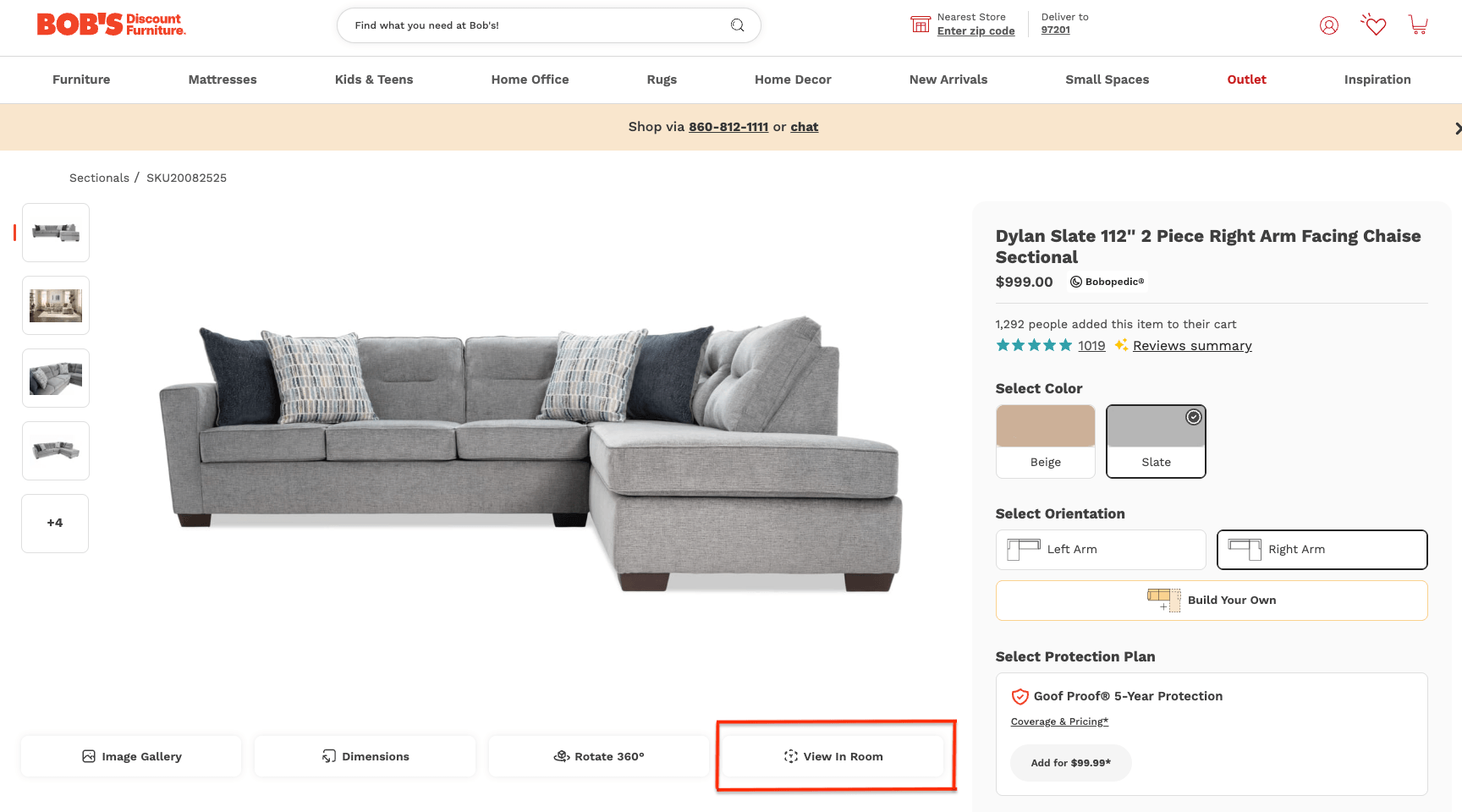 Bobs furniture AR view in room marketing