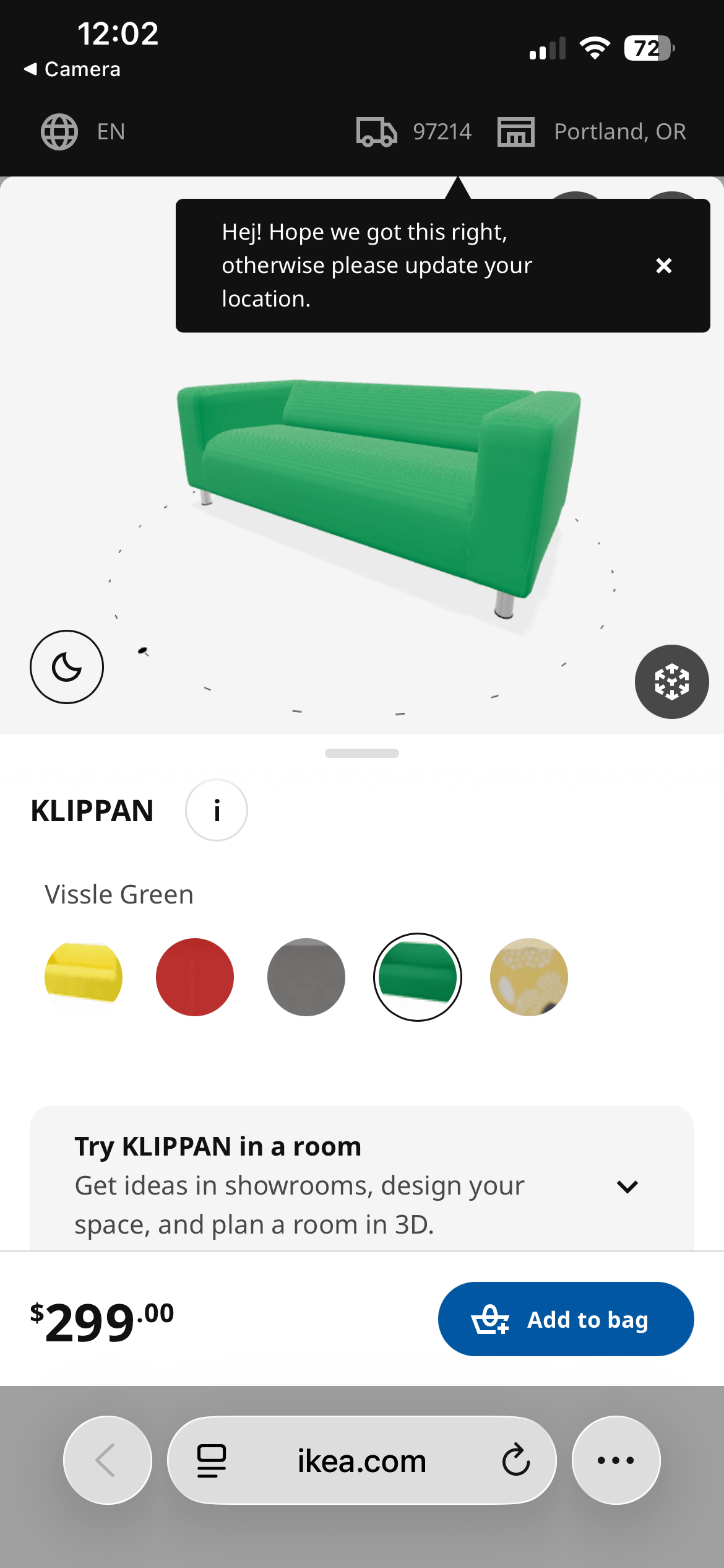 IKEA Swap Sofa Color AR view